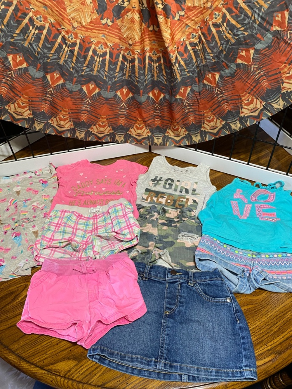 Girls  Tops , romper, shorts,  denim skirt Bundle - Pink, Teal, Gray, Denim